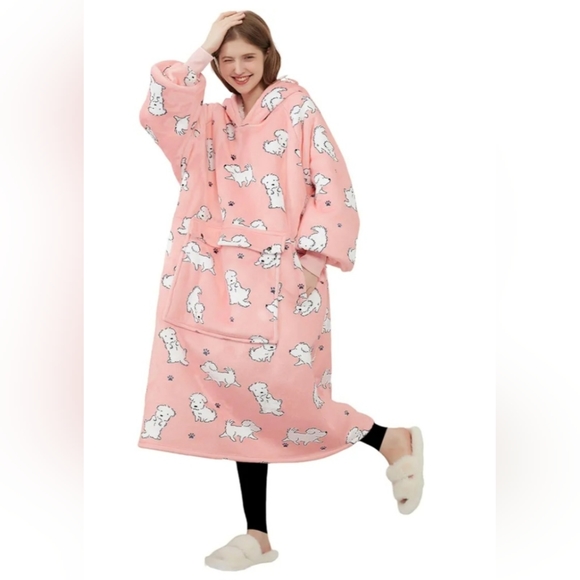 Wearable Blanket Hoodie for Adult Long Sherpa Dog Patterns Oversized Hood - Picture 3 of 6